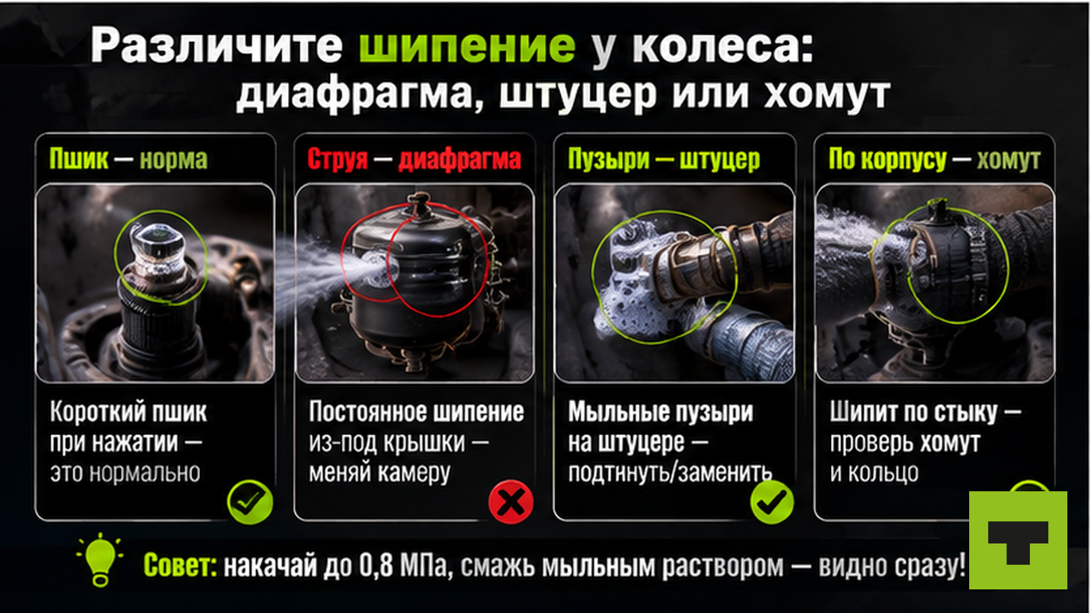 Схема отличия шипения диафрагмы от штуцера и хомута