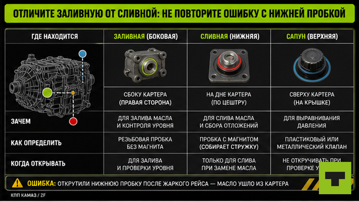 Таблица: заливная, сливная и сапун КПП — где искать и зачем