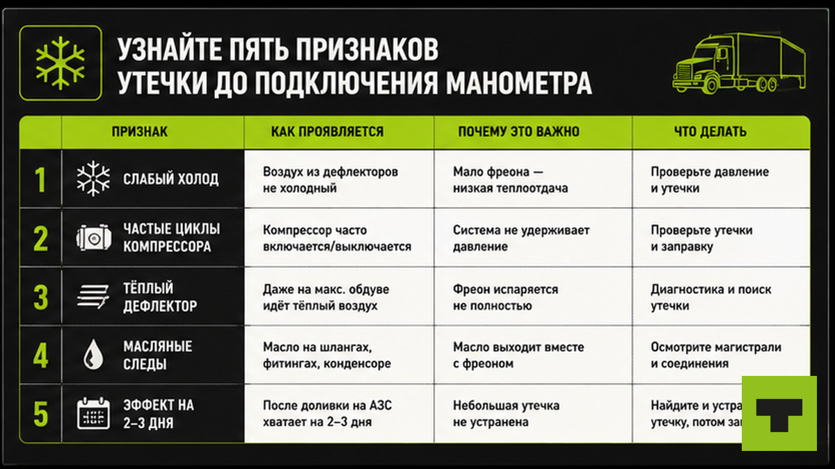Таблица пяти признаков утечки фреона в кондиционере грузовика
