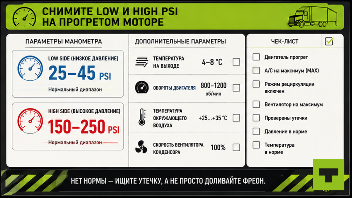 Чеклист снятия low и high psi манометром R134a на грузовике