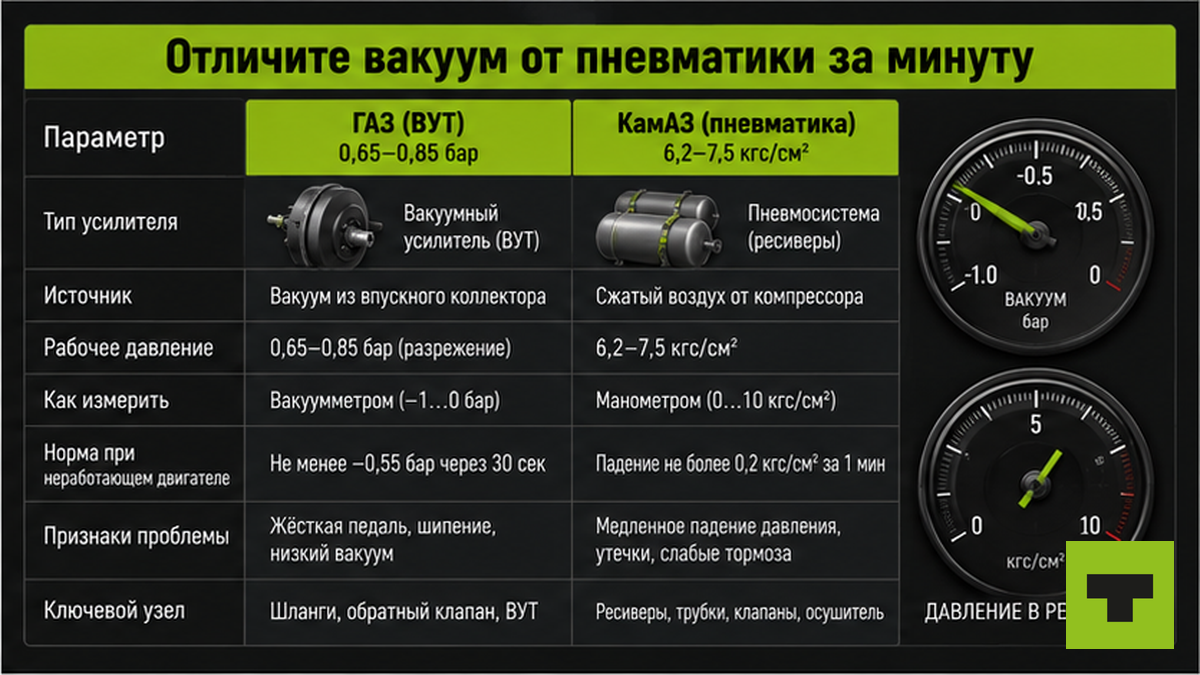 Таблица сравнения вакуумного и пневматического тормоза грузовика