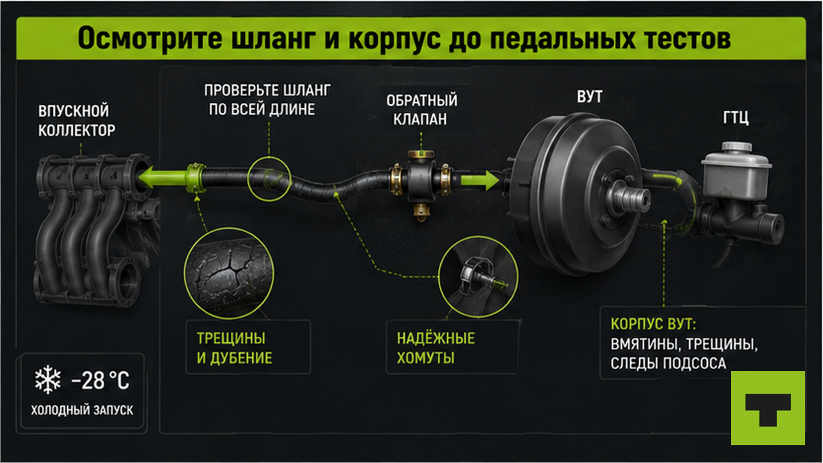 Схема осмотра вакуумного шланга и корпуса усилителя до педальных тестов