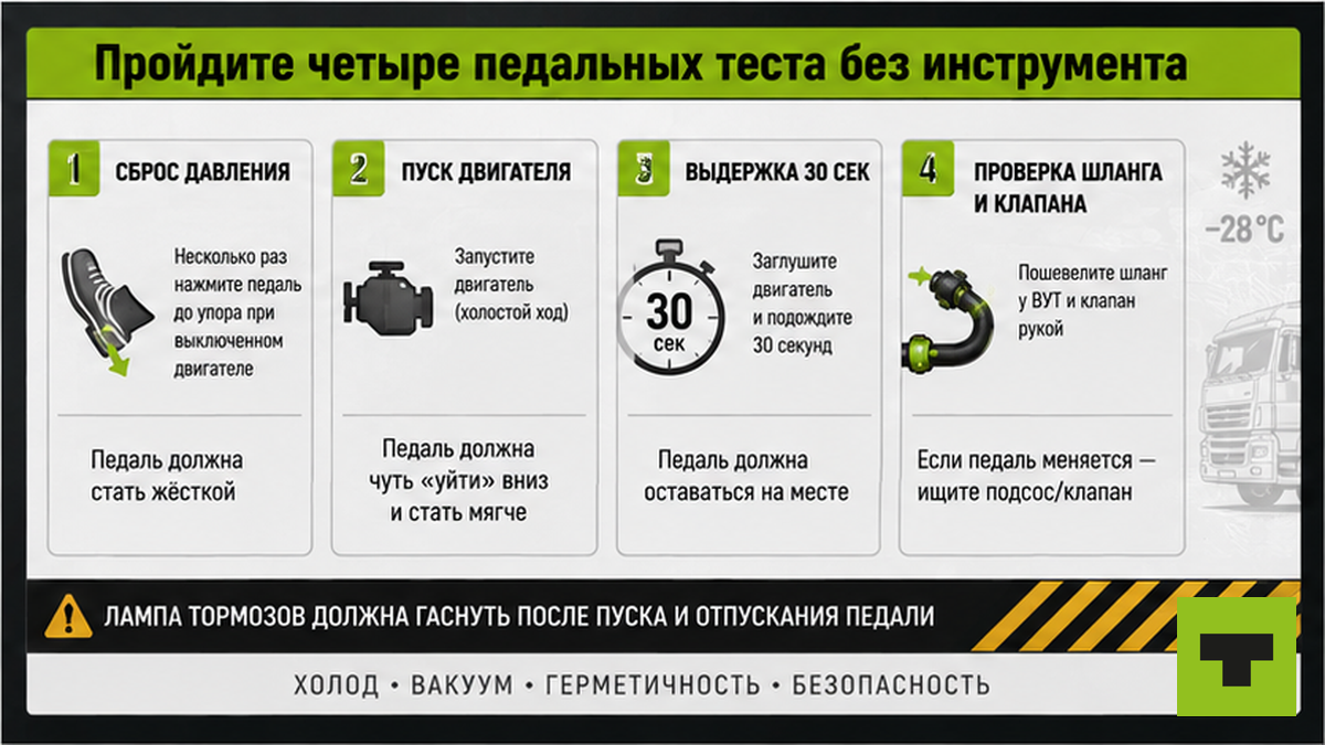 Чеклист четырёх педальных тестов вакуумного усилителя без инструмента