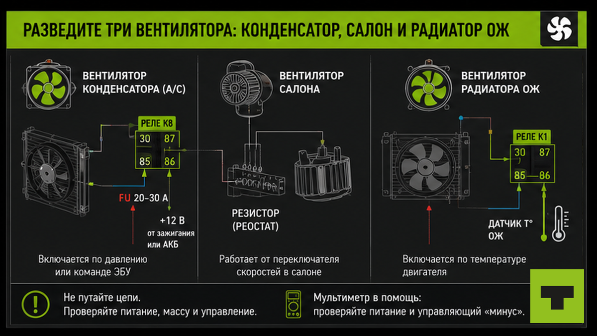 Схема трёх вентиляторов грузовика: конденсатор, салон и радиатор охлаждающей жидкости