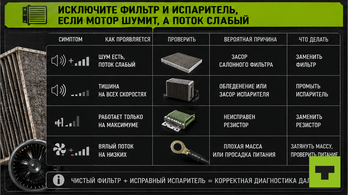 Таблица симптомов: шум при слабом потоке — фильтр и испаритель, не моторчик