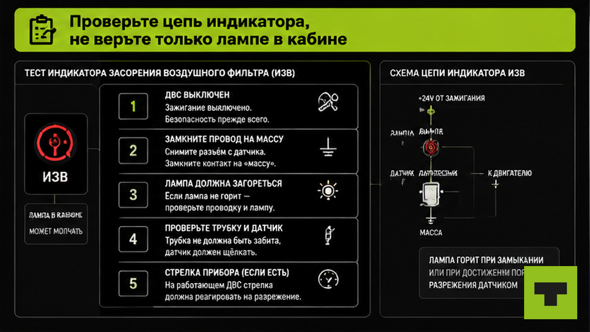 Чеклист проверки цепи индикатора засоренности воздушного фильтра КАМАЗ