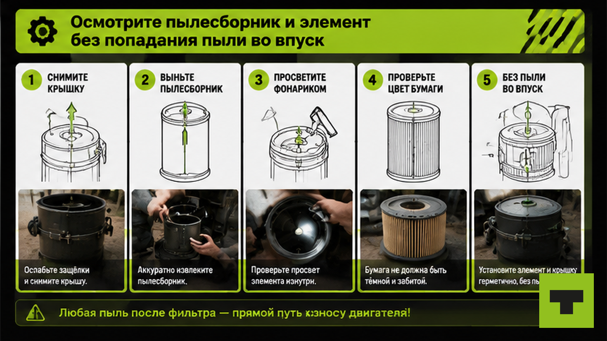 Схема осмотра пылесборника и бумажного элемента воздушного фильтра без попадания пыли во впуск