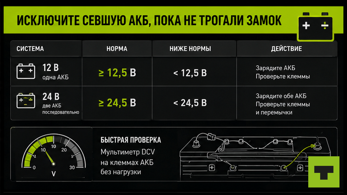 Таблица норм напряжения АКБ 12 В и 24 В перед проверкой замка зажигания
