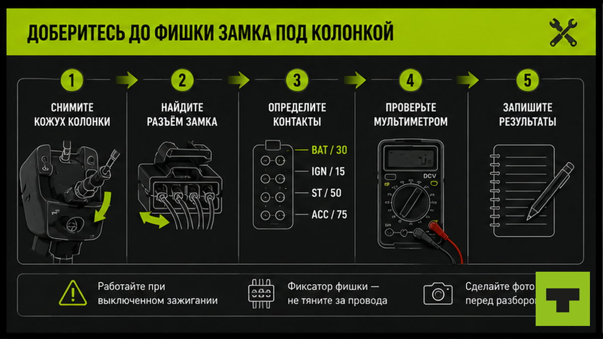 Пошаговая схема доступа к фишке замка зажигания под рулевой колонкой