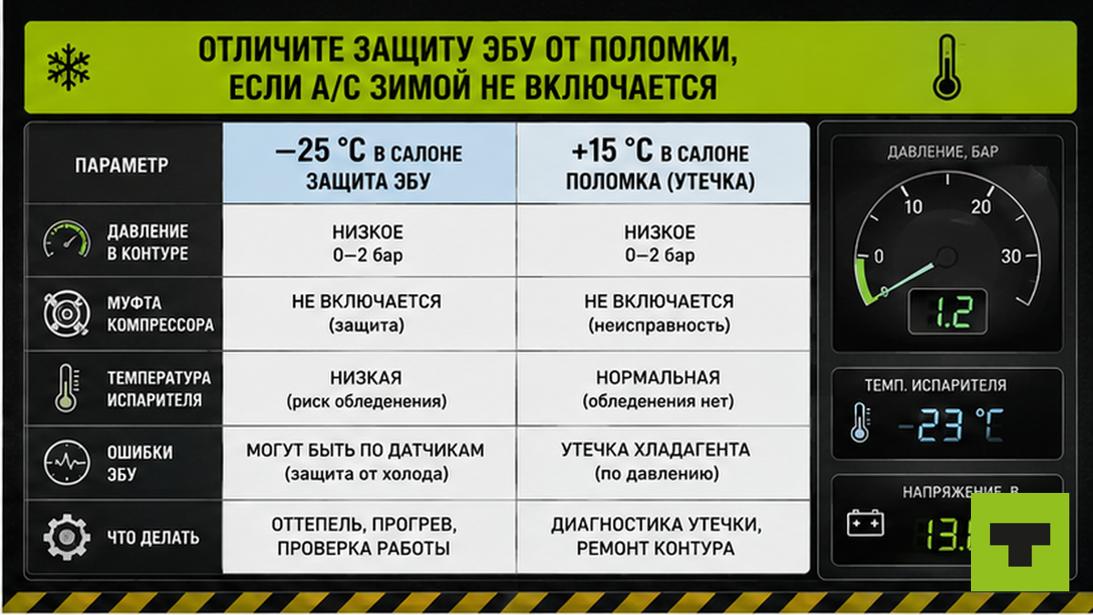Таблица: защита ЭБУ или поломка A/C зимой — температура снаружи и в салоне