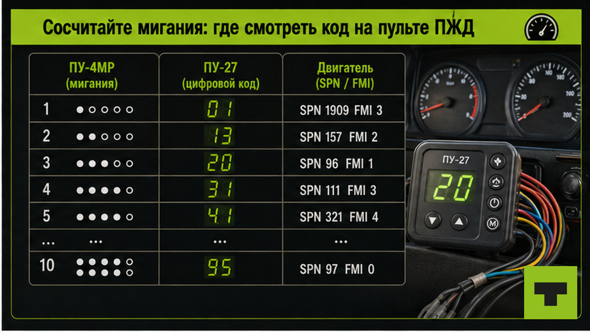 Таблица: мигания ПЖД на ПУ-4МР, цифры на ПУ-27 и отличие от кодов двигателя