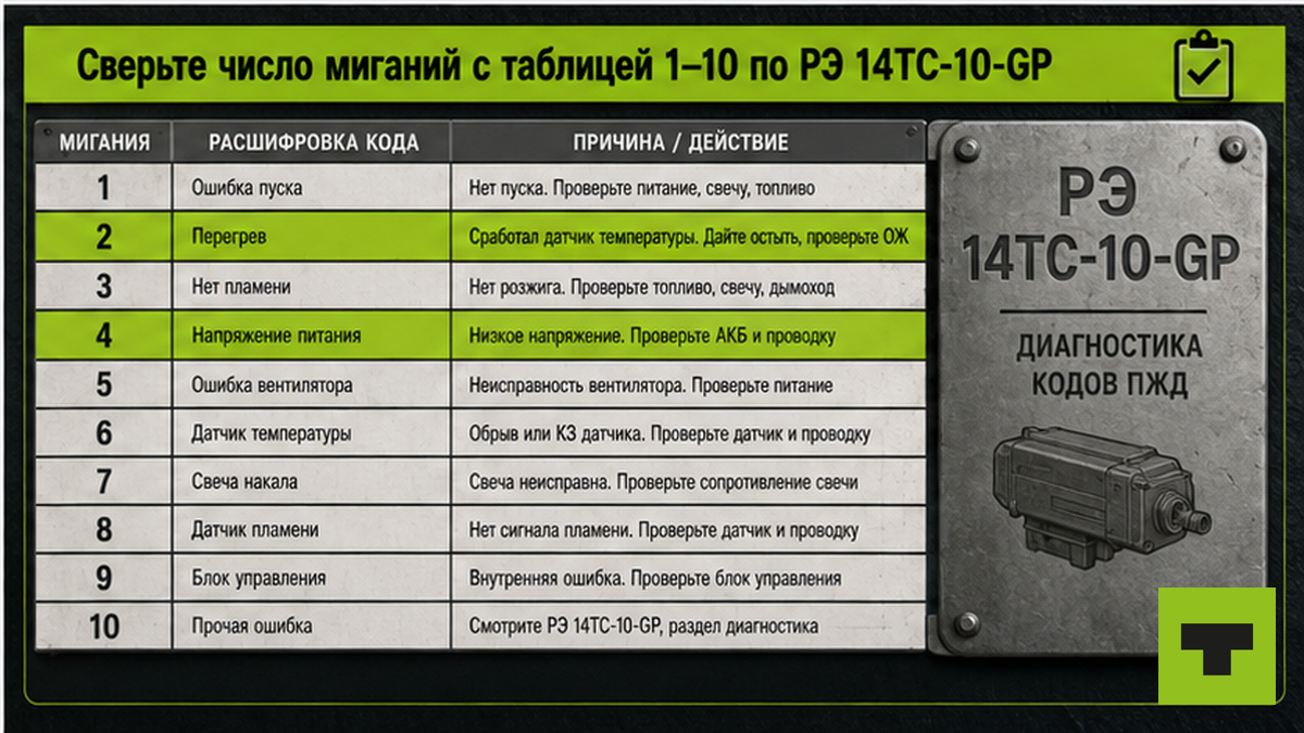 Чеклист таблица миганий 1–10 по РЭ ПЖД 14ТС-10-GP для бардачка