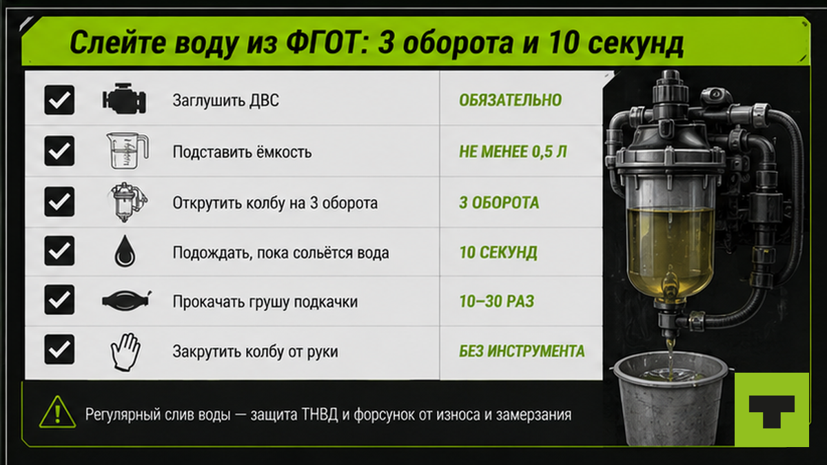 Чеклист слива воды из ФГОТ: 3 оборота, 10 секунд