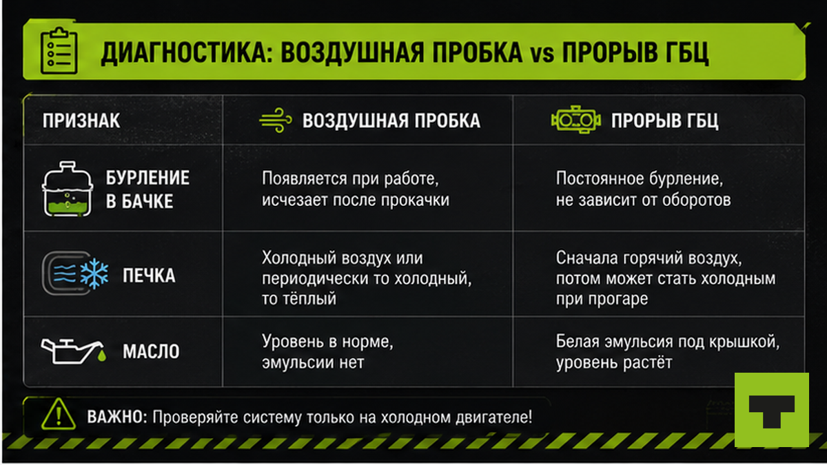 Таблица диагностики: воздушная пробка и прорыв ГБЦ — признаки за три минуты