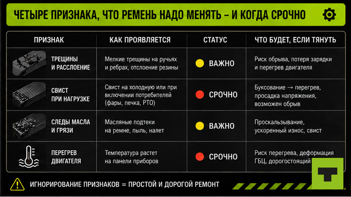 Таблица признаков износа ремня генератора КАМАЗ: плановая и срочная замена