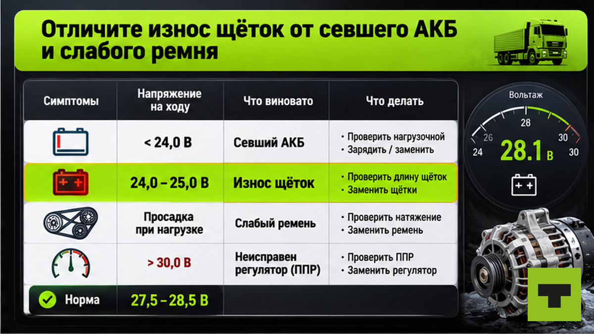 Таблица диагностики: отличить износ щёток генератора от севшего АКБ и слабого ремня