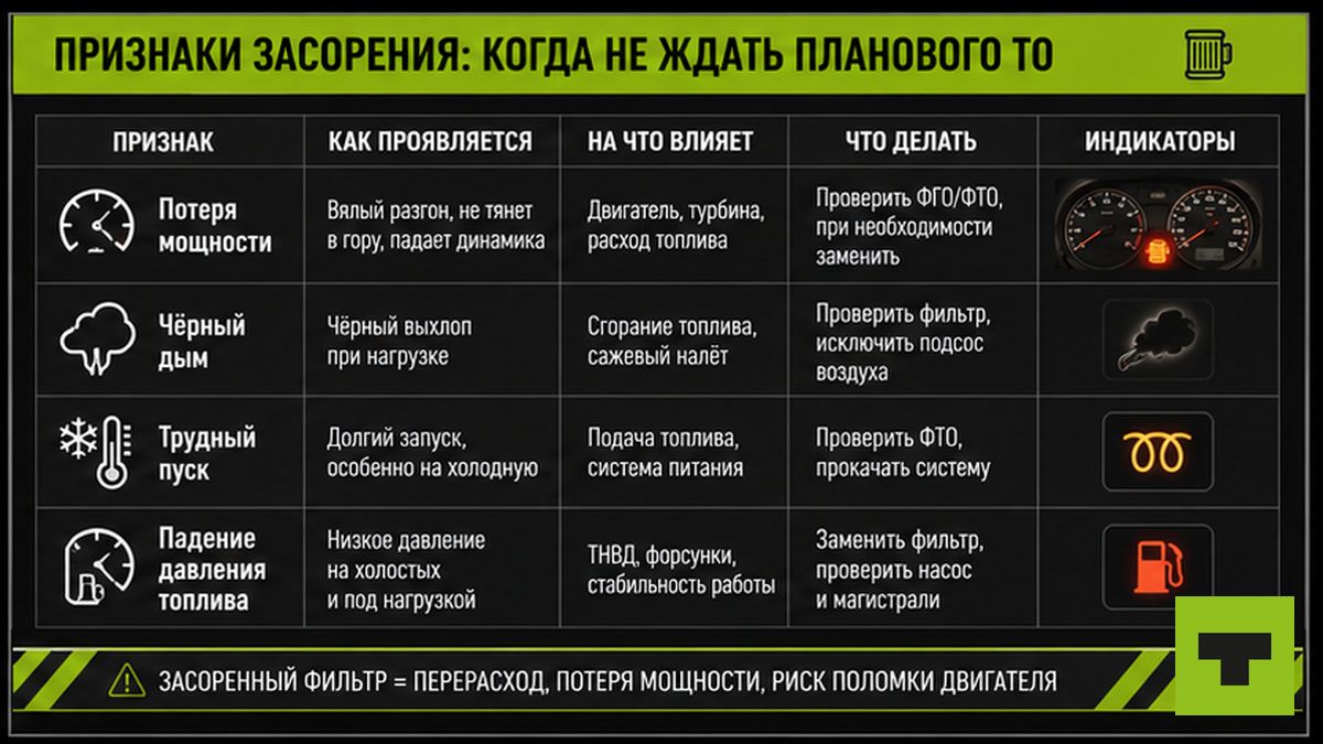 Таблица симптомов засорения топливных фильтров ФГО и ФТО на КамАЗе