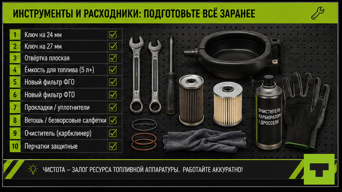 Чеклист инструментов для замены топливного фильтра КамАЗ своими руками