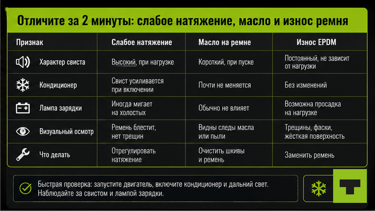 Таблица: три причины свиста ремня генератора — натяжение, масло, износ