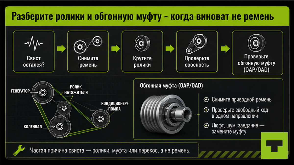 Схема диагностики роликов и обгонной муфты при свисте ремня