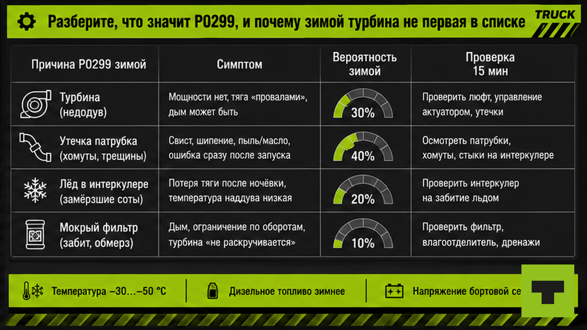 Таблица: причины P0299 зимой — турбина не первая, сначала патрубки и интеркулер