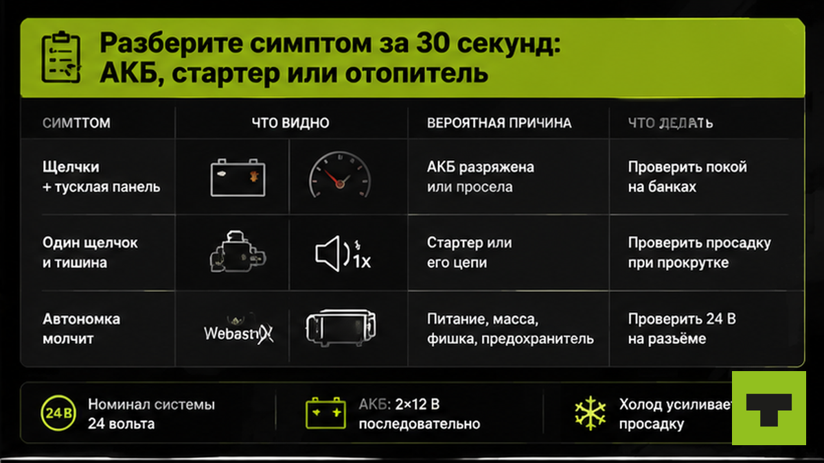 Таблица симптомов: АКБ, стартер или автономка за 30 секунд