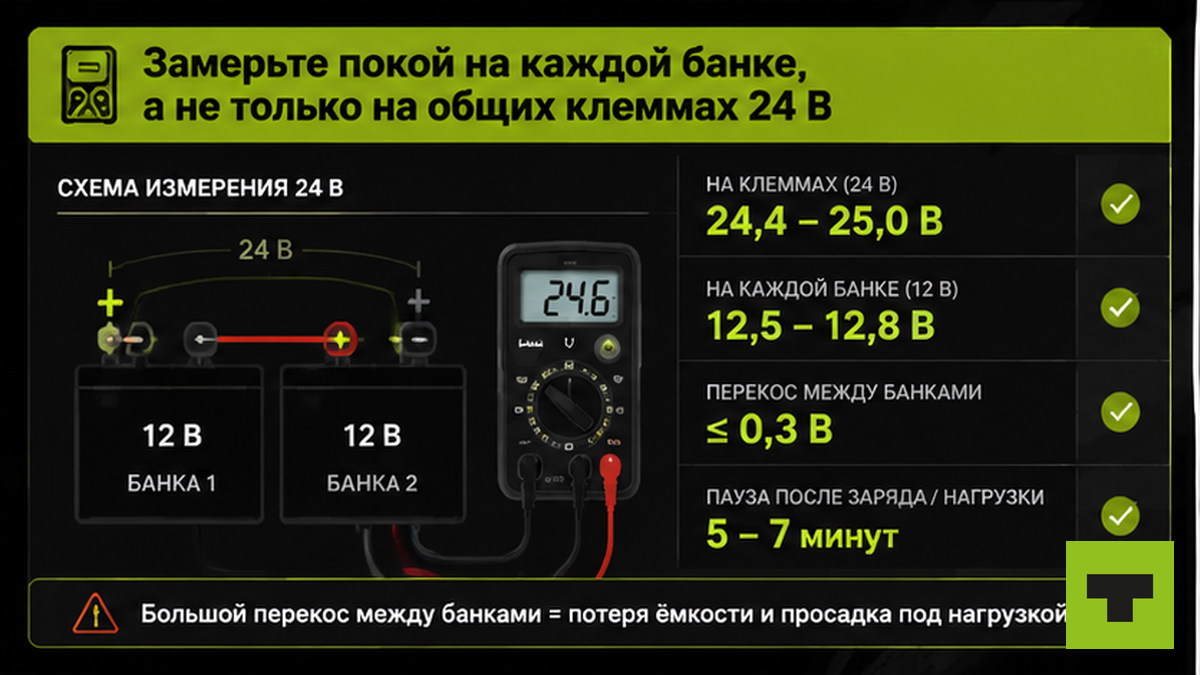 Схема замера напряжения на каждой банке 12 В в паре 24 В