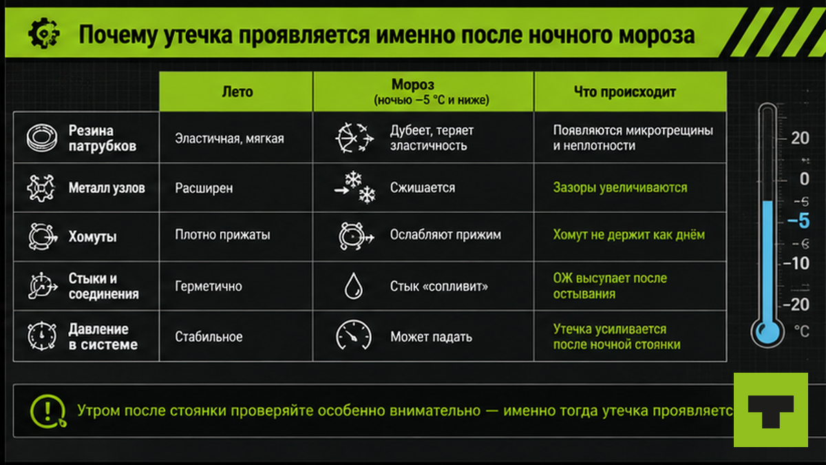 Таблица: почему утечка антифриза после ночного мороза