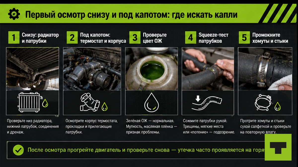 Схема осмотра системы охлаждения на холодном двигателе