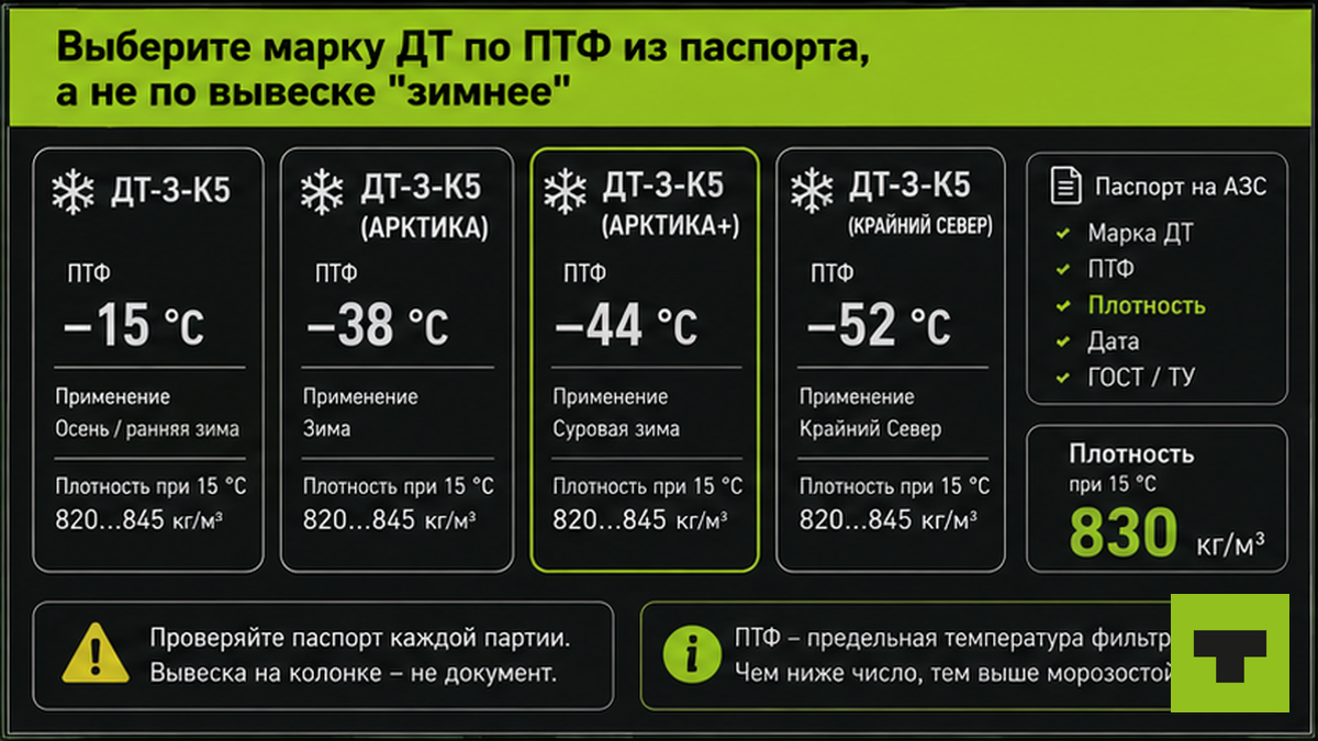 Схема выбора марки дизельного топлива по ПТФ из паспорта качества
