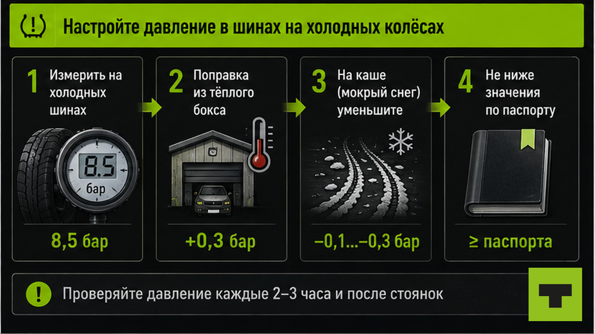 Схема настройки давления в шинах на холодных колёсах перед ночным рейсом