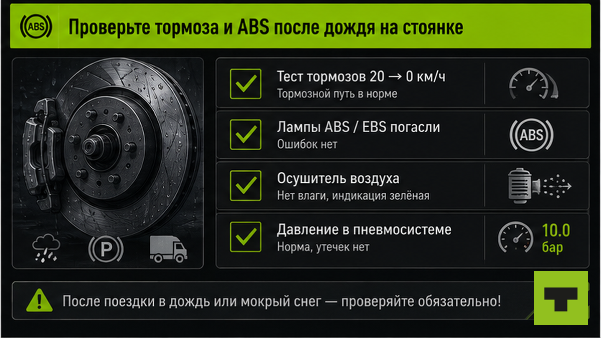 Чеклист проверки тормозов и ABS после дождя на стоянке