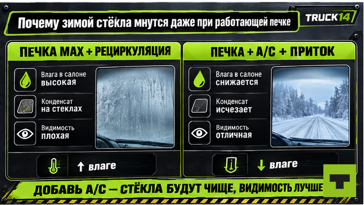 Сравнение: почему стёкла мнутся при печке и как A/C сушит воздух зимой
