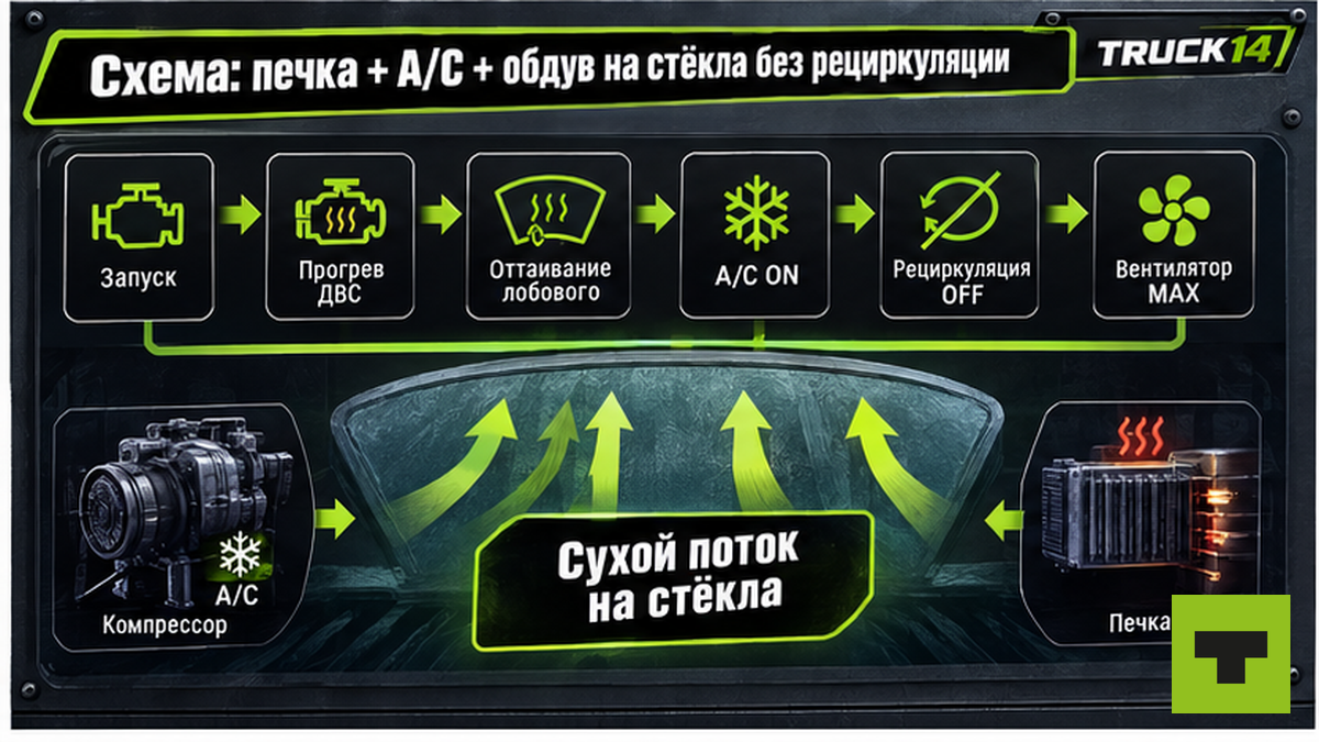 Схема: печка плюс A/C и обдув на стёкла без рециркуляции
