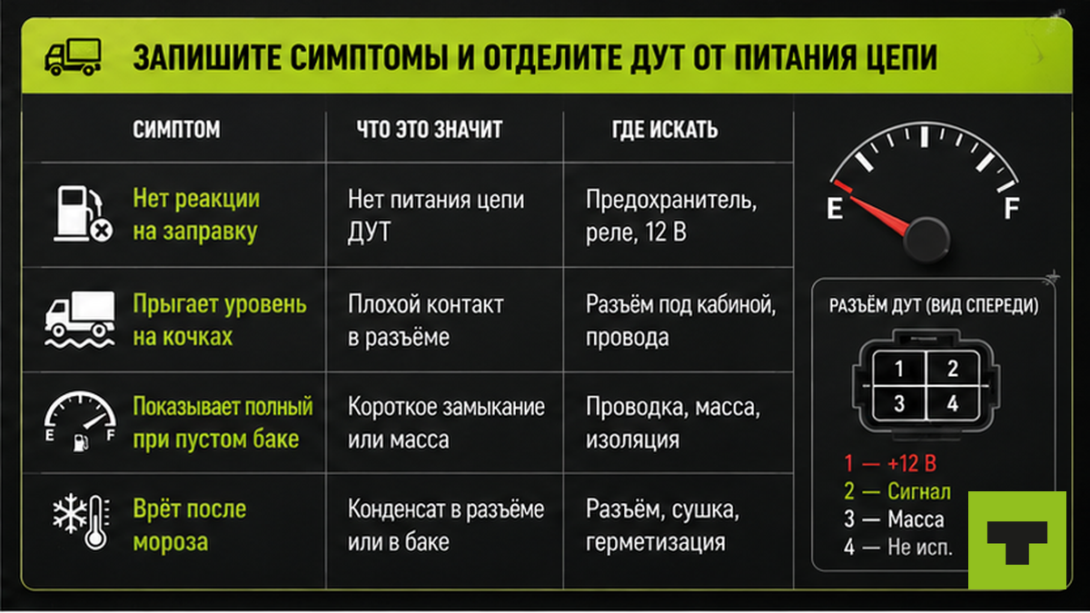 Таблица симптомов датчика уровня топлива: отделить ДУТ от питания цепи