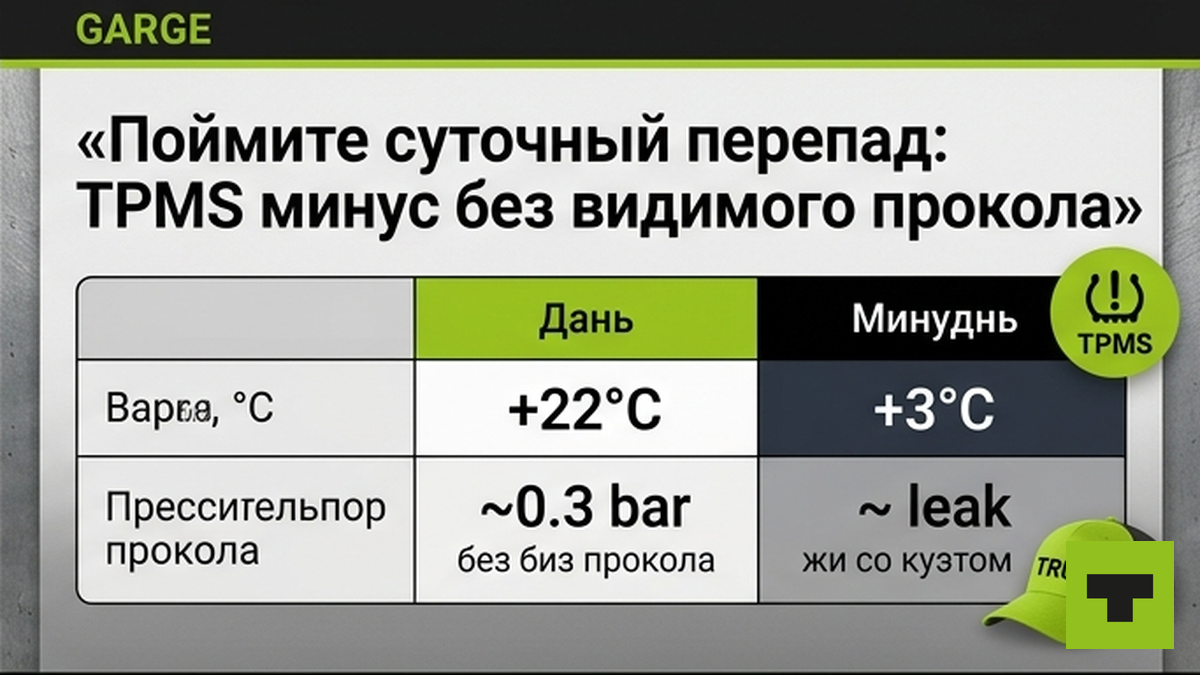 Таблица суточного перепада давления шин: температура день/ночь и TPMS без прокола