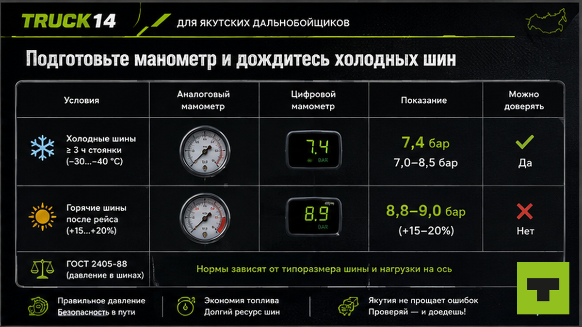 Сравнение манометров и температуры шин: холодные vs горячие показания на морозе