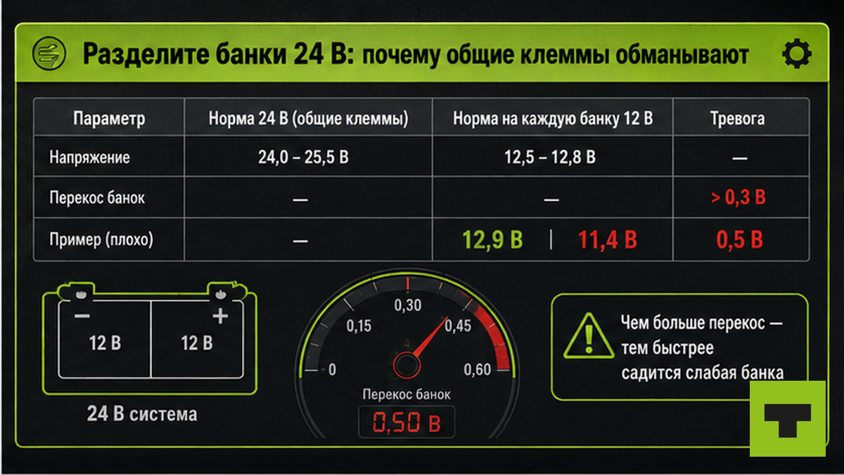 Таблица: почему общие клеммы 24 В обманывают — нормы на каждую банку 12 В