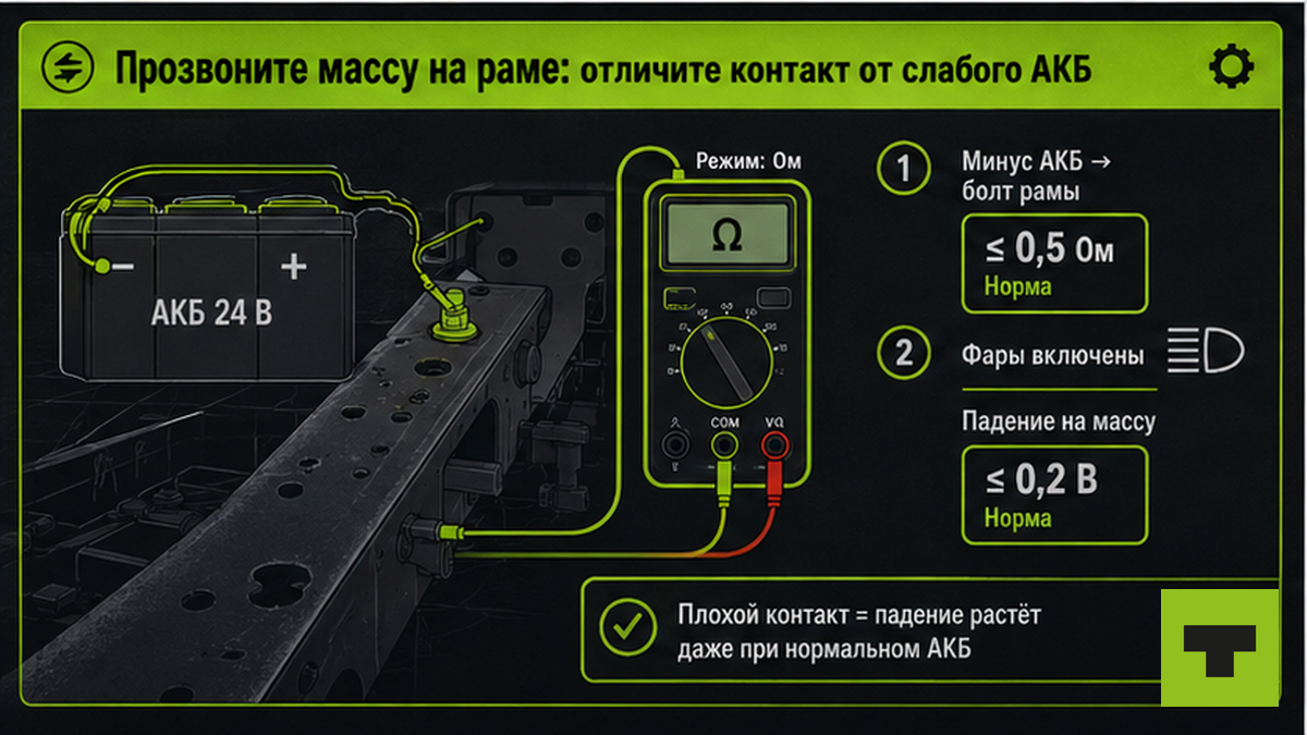 Схема прозвона массы на раме грузовика мультиметром