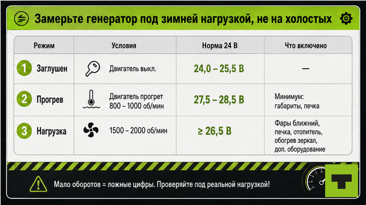 Таблица норм напряжения генератора под зимней нагрузкой на грузовике 24 В