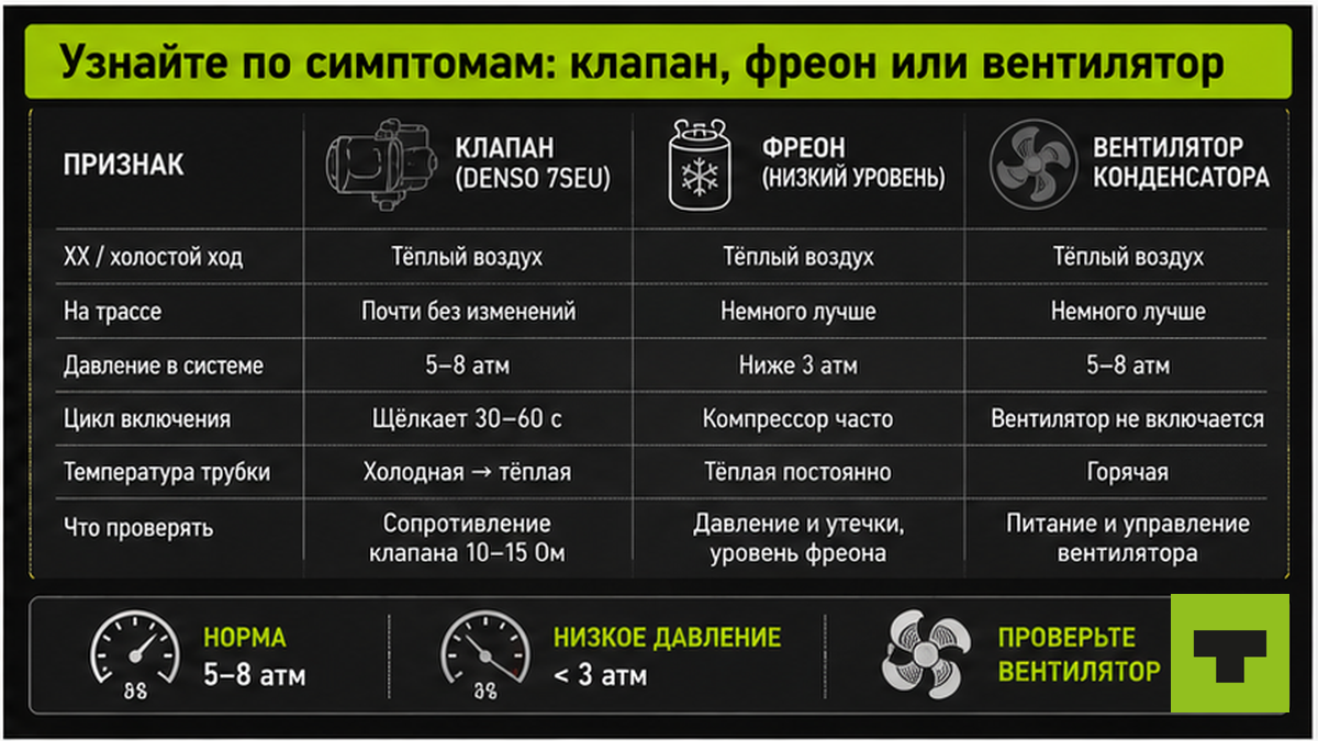 Таблица симптомов: отличить неисправный клапан от нехватки фреона и вентилятора