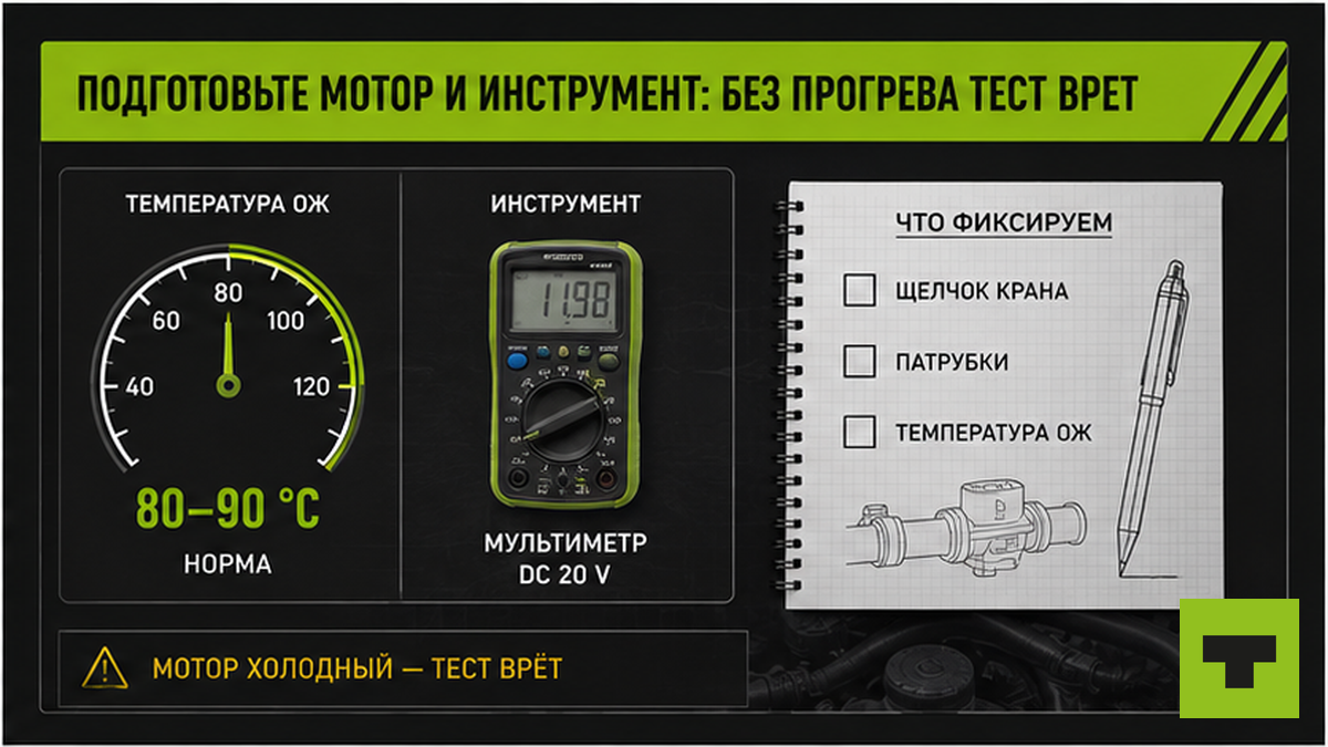 Карточка подготовки: прогрев мотора до 80–90 °C и инструменты для проверки электрокрана печки