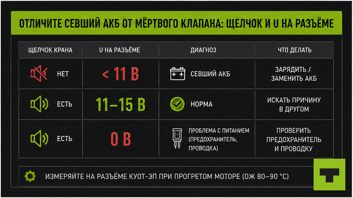 Таблица: отличить севшую АКБ от мёртвого клапана печки по щелчку и напряжению на разъёме