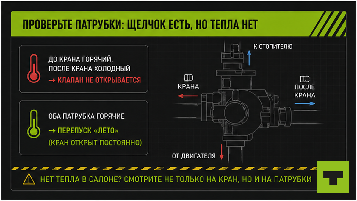 Чеклист проверки патрубков печки: щелчок есть, но тепла нет — до и после электрокрана