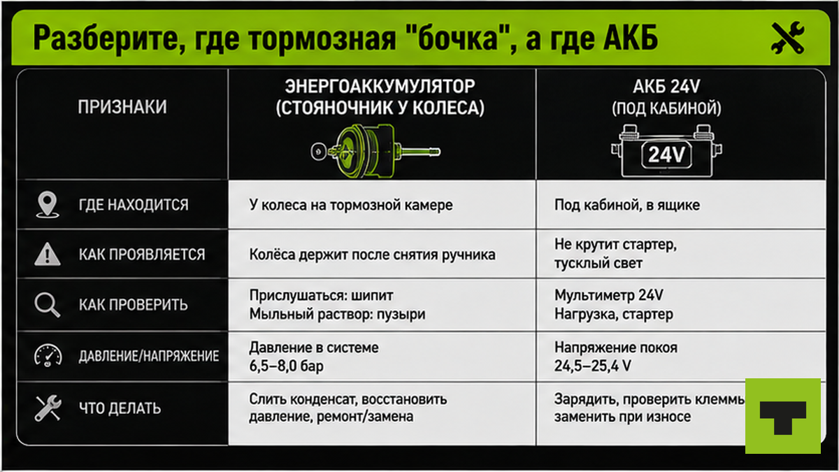 Таблица: энергоаккумулятор тормозов vs аккумулятор 24 В — где стоит, симптомы, чем проверять