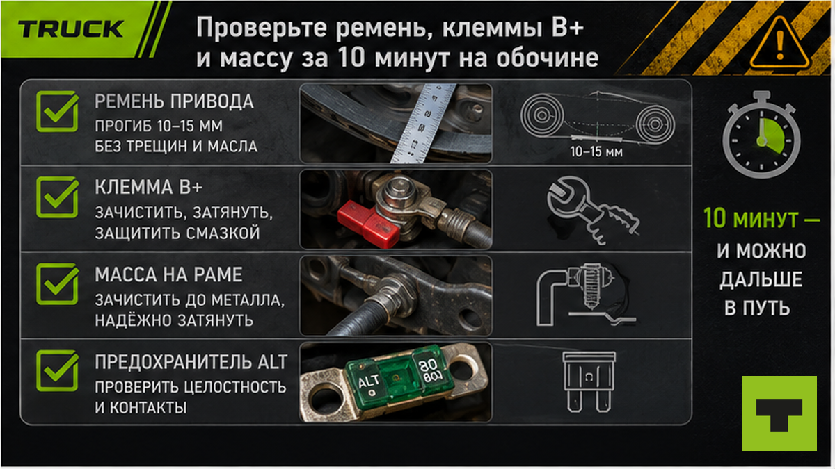 Чеклист проверки ремня генератора, клемм B+ и массы на обочине за 10 минут