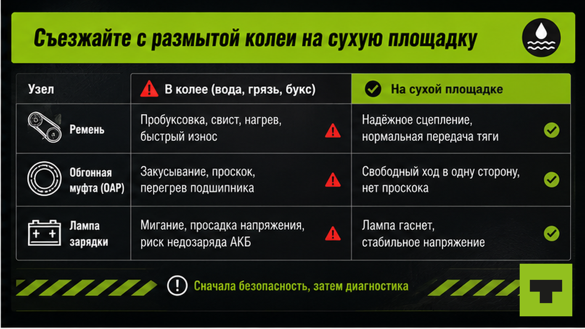 Таблица: почему съезжать с размытой колеи на сухую площадку после брода