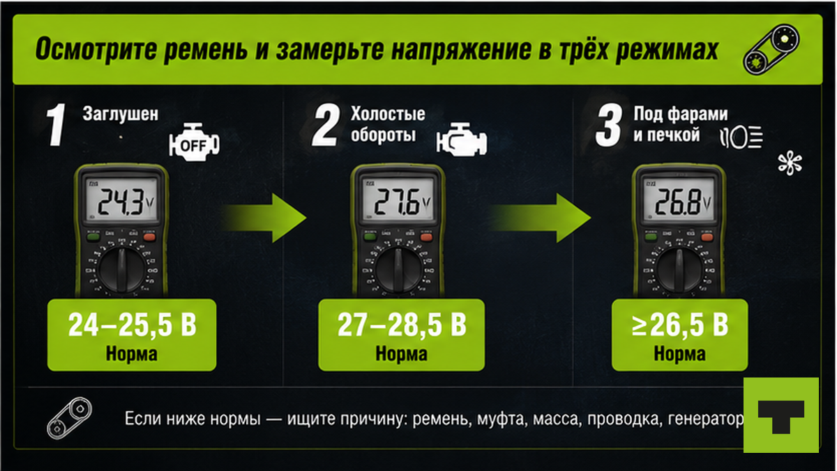 Схема трёх замеров напряжения генератора 24 В мультиметром