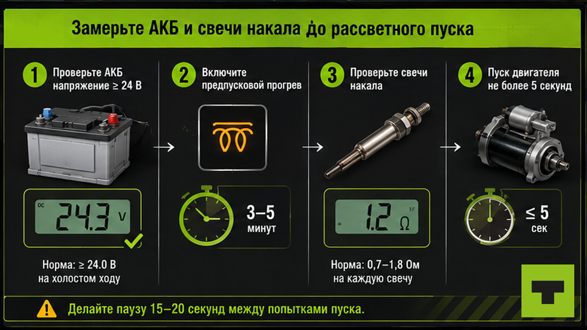 Схема проверки АКБ и свечей накала перед рассветным пуском на морозе
