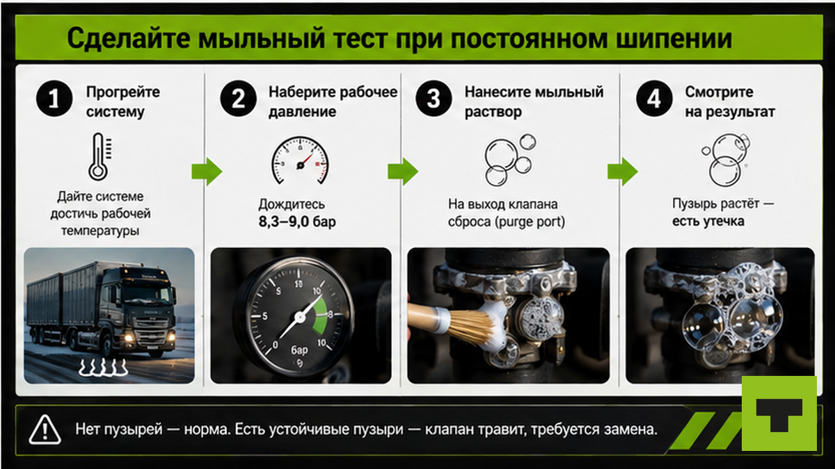 Workflow мыльного теста клапана сброса осушителя при постоянном шипении